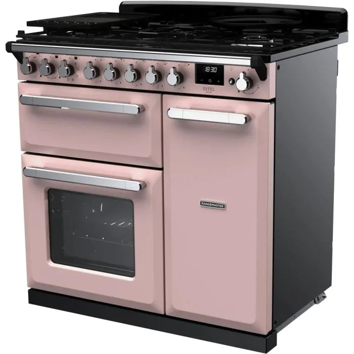Rangemaster Estel Deluxe 90cm Dual Fuel Range Cooker | Pale Pink/Chrome | ESDL90DFPPPK/CM1