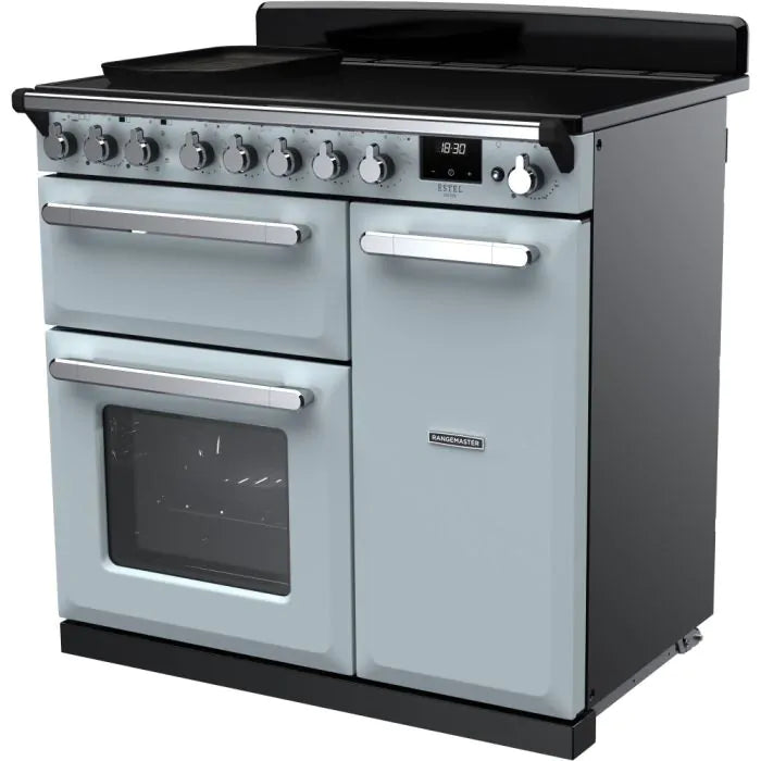 Rangemaster Estel Deluxe 90cm Induction Range Cooker | Misty Blue/Chrome | ESDL90EIPMSB/CM1