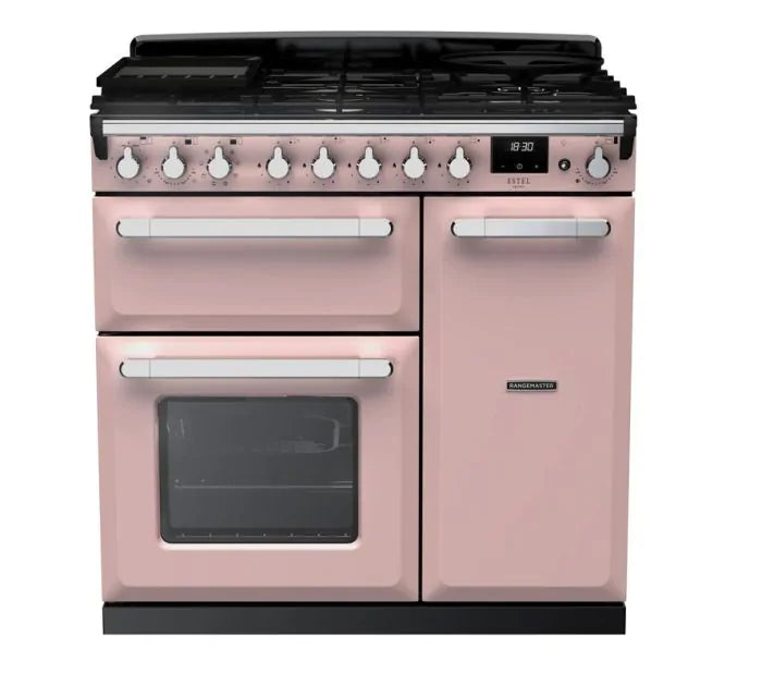 Rangemaster Estel Deluxe 90cm Dual Fuel Range Cooker | Pale Pink/Chrome | ESDL90DFPPPK/CM1