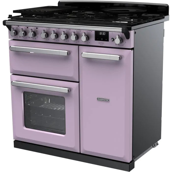 Rangemaster Estel Deluxe 90cm Dual Fuel Range Cooker | Heather/Chrome | ESDL90DFPHTH/CM1