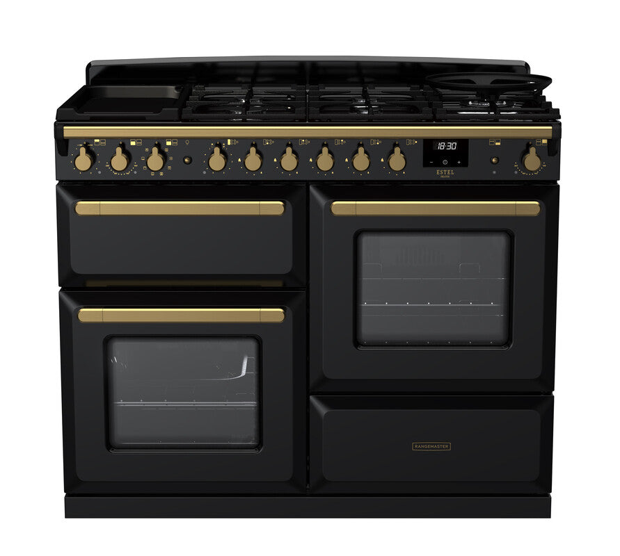 Rangemaster Estel Deluxe 110 Dual Fuel- Gloss Black/Brass Trim| ESDLO110DFPGBL