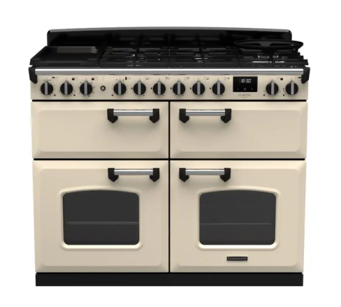 Rangemaster Classic Deluxe BC 110cm Dual Fuel Range Cooker | Pale Cream/Chrome | CLDLB110DFPPCR/CM1