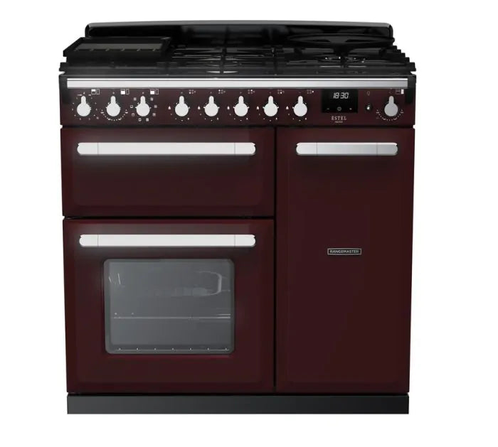 Rangemaster Estel Deluxe 90cm Dual Fuel Range Cooker | Bordeaux/Chrome | ESDL90DFPBOR/CM1