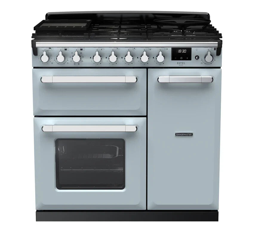 Rangemaster Estel Deluxe 90 Dual Fuel Misty Blue with Chrome trim | ESDL90DFPMSB/CM1
