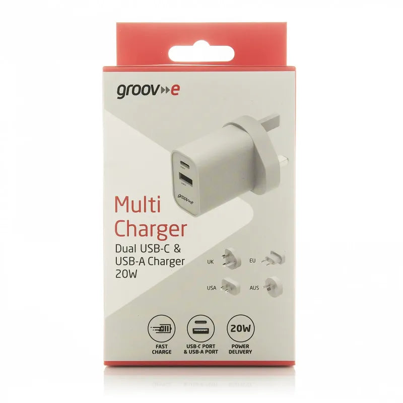 Groove Dual USB-C & USB-A Charger 20W with Travel Adaptor Plugs | GVMA113WE