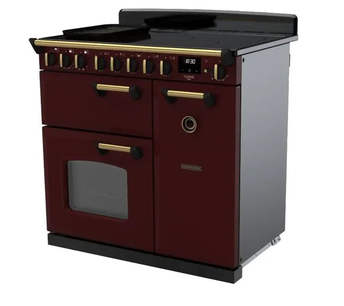 Rangemaster Classic Deluxe 90cm Induction Range Cooker - Bordeaux with Antique Brass Trim | CLDL90EIPBOR/AB1