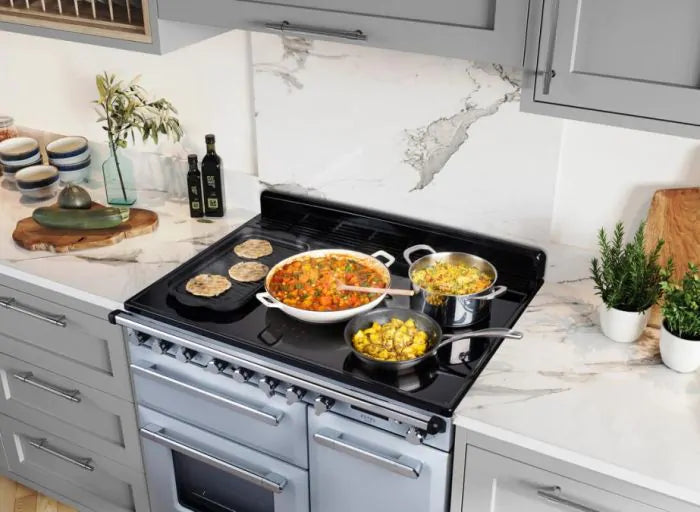 Rangemaster Estel Deluxe 90cm Induction Range Cooker | Misty Blue/Chrome | ESDL90EIPMSB/CM1
