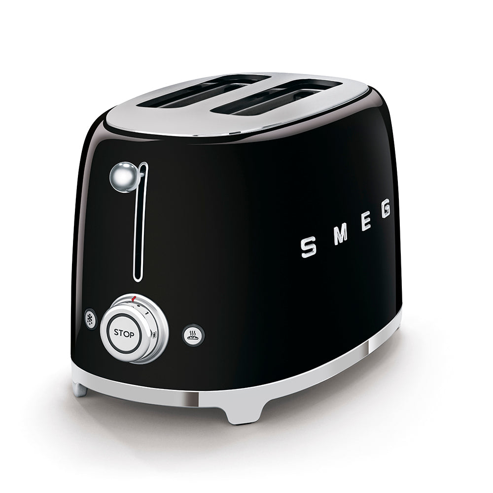 Smeg 50's Retro Style 2 slice toaster in glossy black with chrome accents
